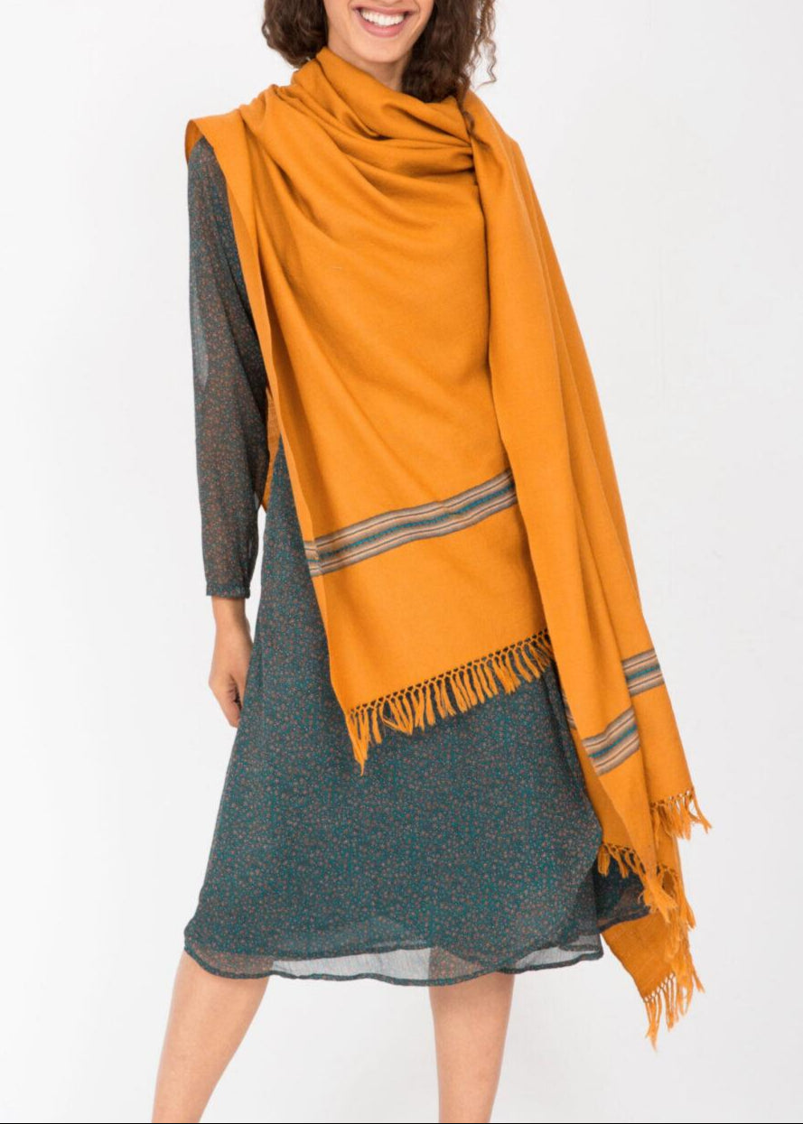 Ethically Handwoven Merino Wool Blanket Scarf in Mustard Yellow Mansi - likemary