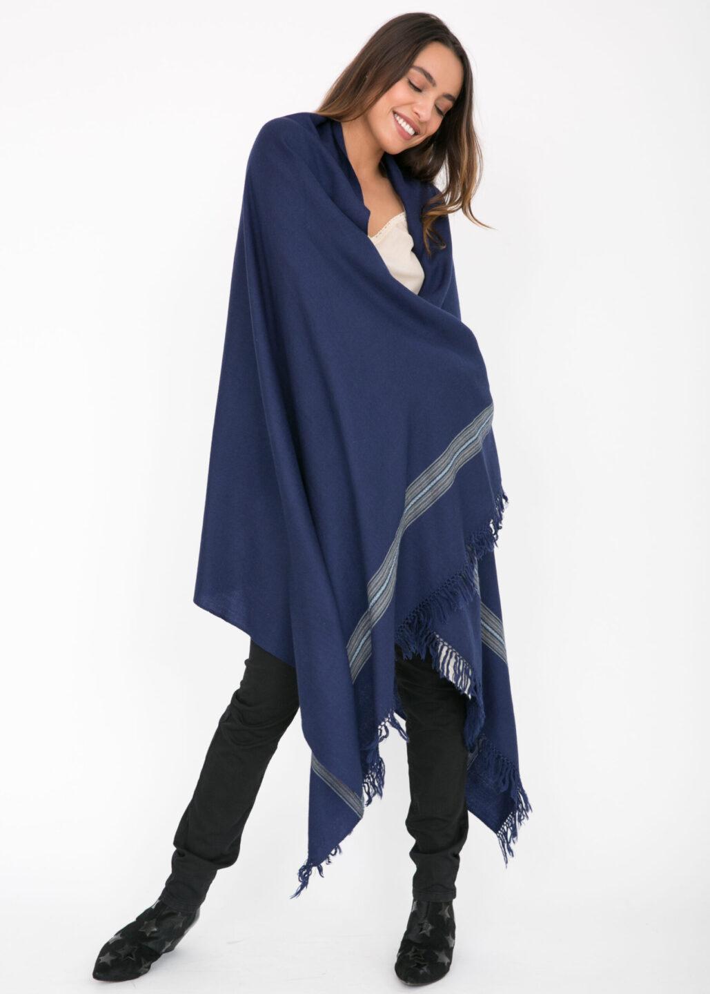 Ethically Handwoven Merino Wool Blanket Scarf in Navy Mansi - likemary