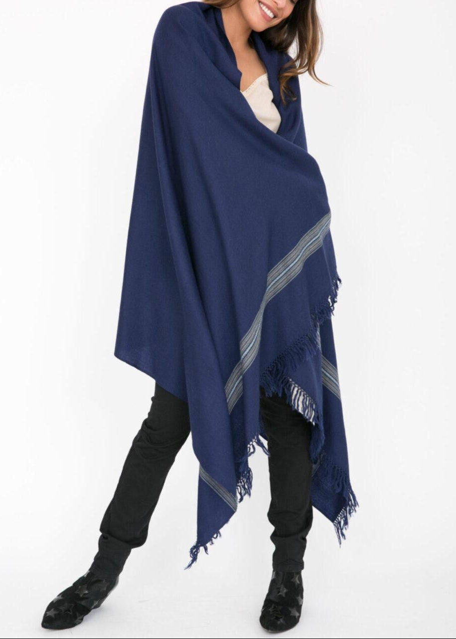 Ethically Handwoven Merino Wool Blanket Scarf in Navy Mansi - likemary