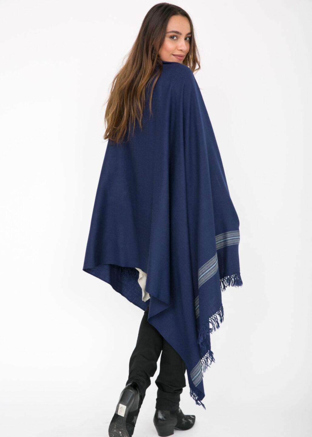 Ethically Handwoven Merino Wool Blanket Scarf in Navy Mansi - likemary