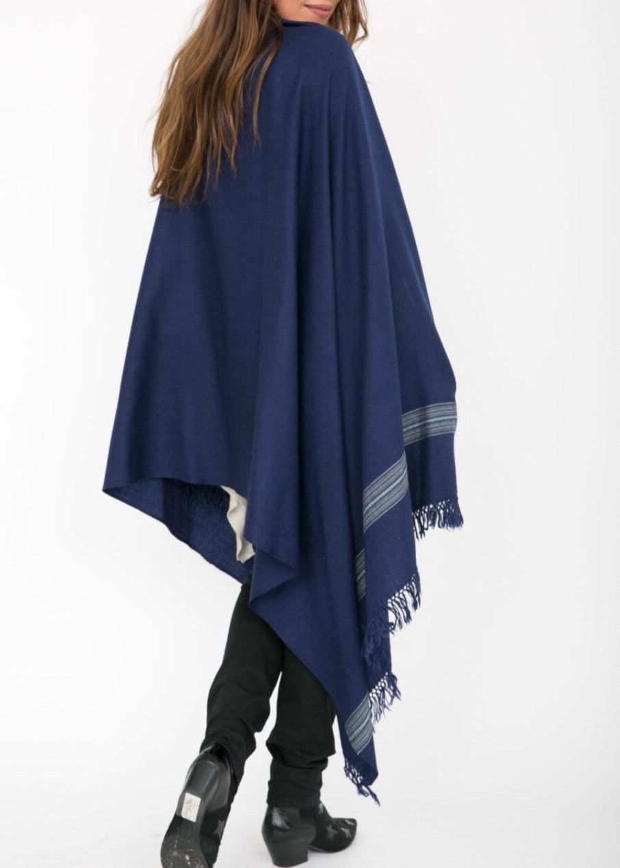 Ethically Handwoven Merino Wool Blanket Scarf in Navy Mansi - likemary