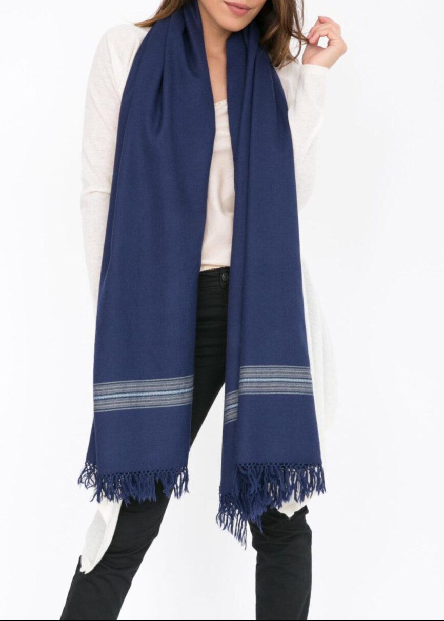 Ethically Handwoven Merino Wool Blanket Scarf in Navy Mansi - likemary