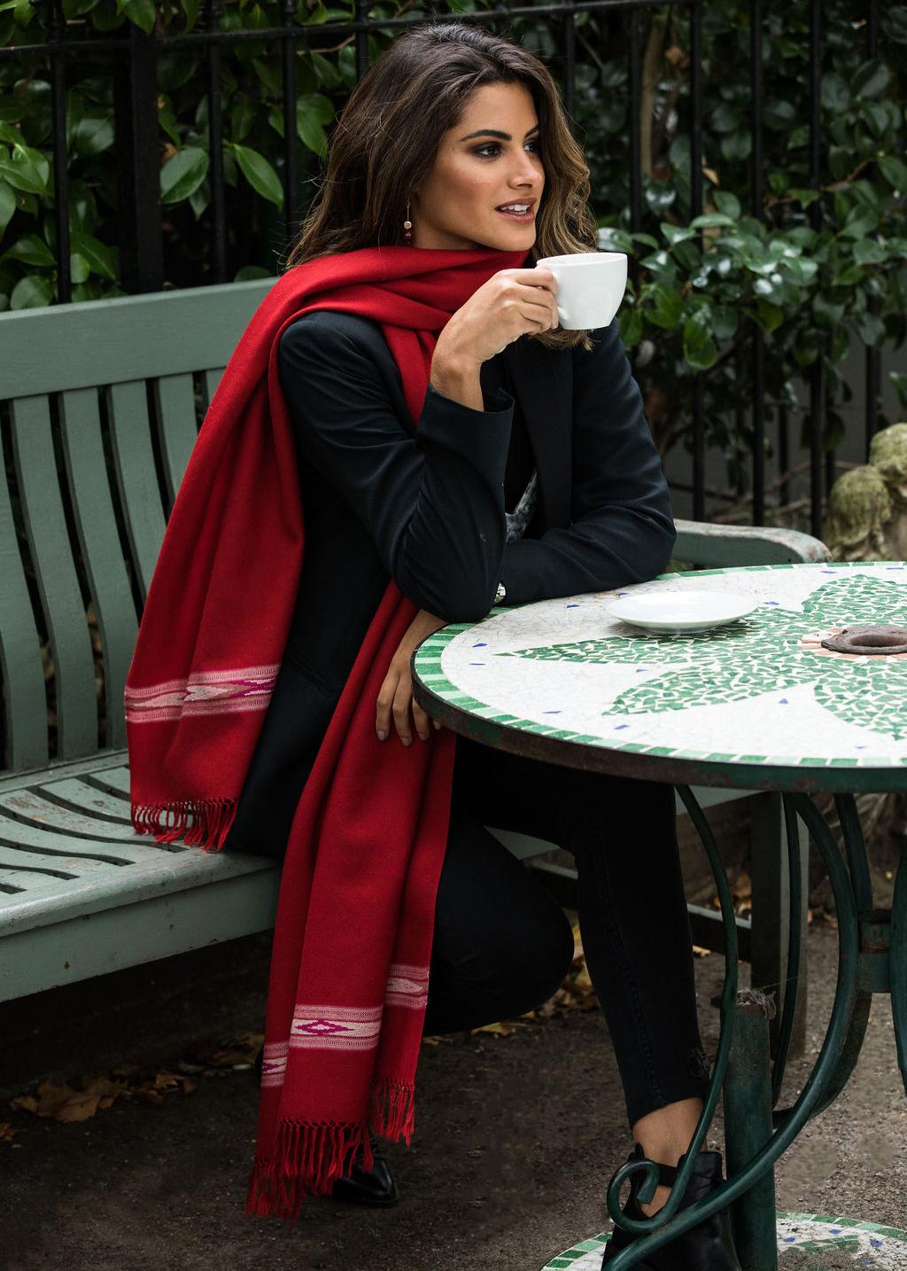 Ethically Handwoven Merino Wool Blanket Scarf in Red Takhi - likemary