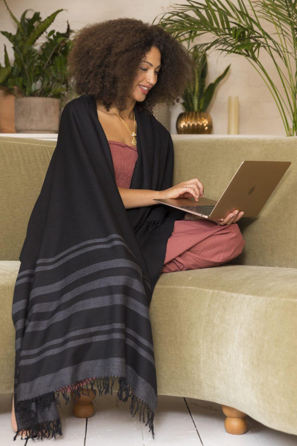 Ethically Handwoven Merino Wool Blanket Shawl in Black with Stripes - likemary