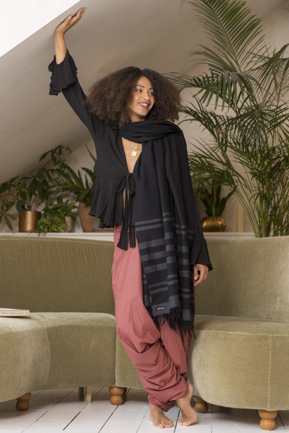 Ethically Handwoven Merino Wool Blanket Shawl in Black with Stripes - likemary