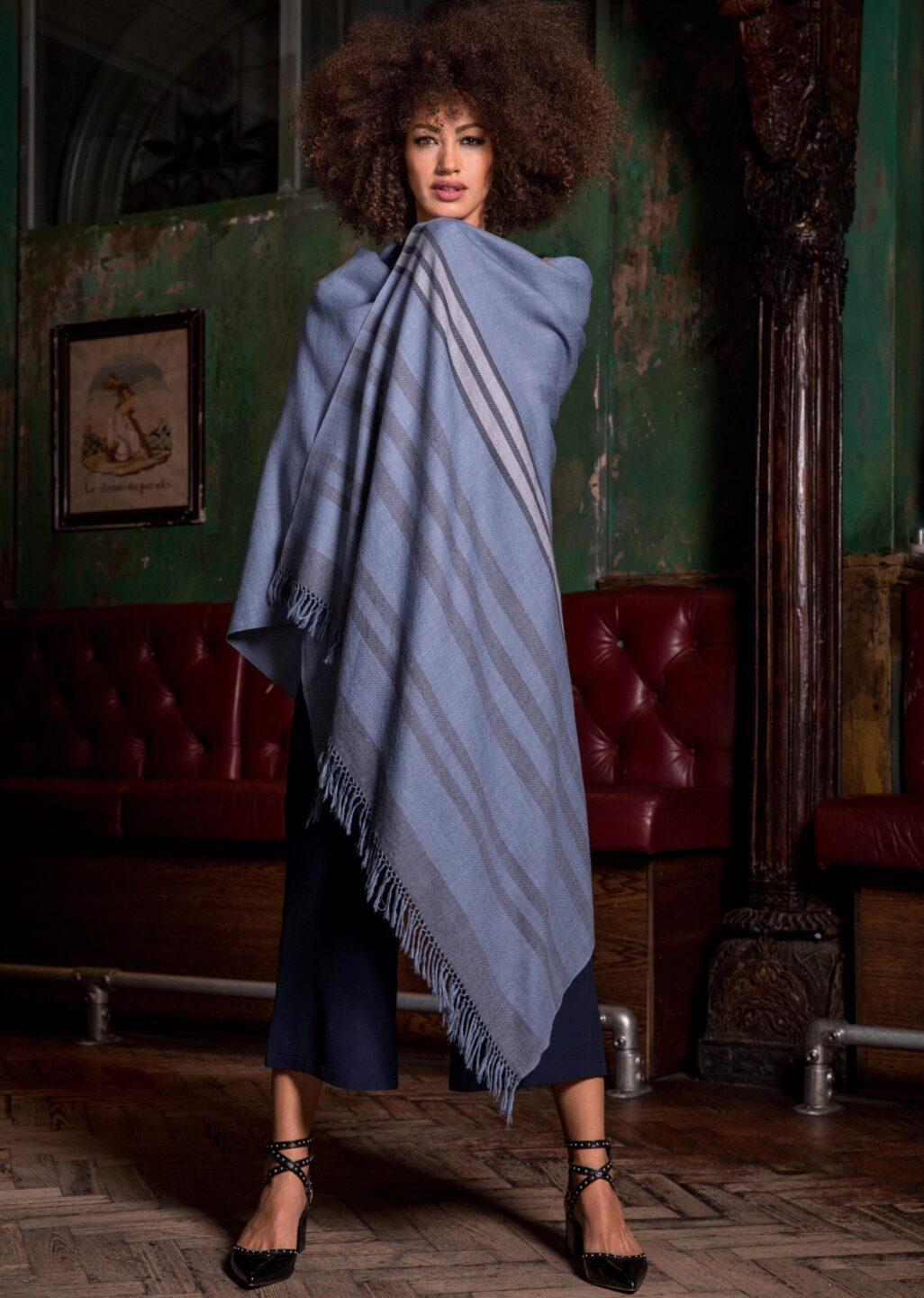 Ethically Handwoven Merino Wool Blanket Shawl in Jeans Blue with Stripes - likemary