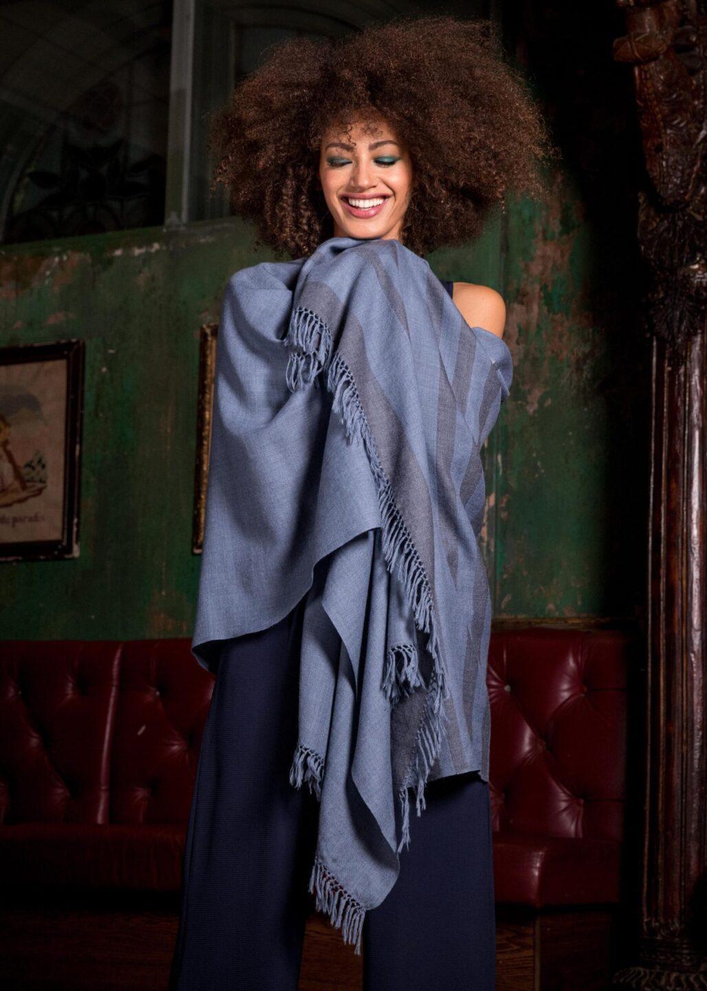 Ethically Handwoven Merino Wool Blanket Shawl in Jeans Blue with Stripes - likemary