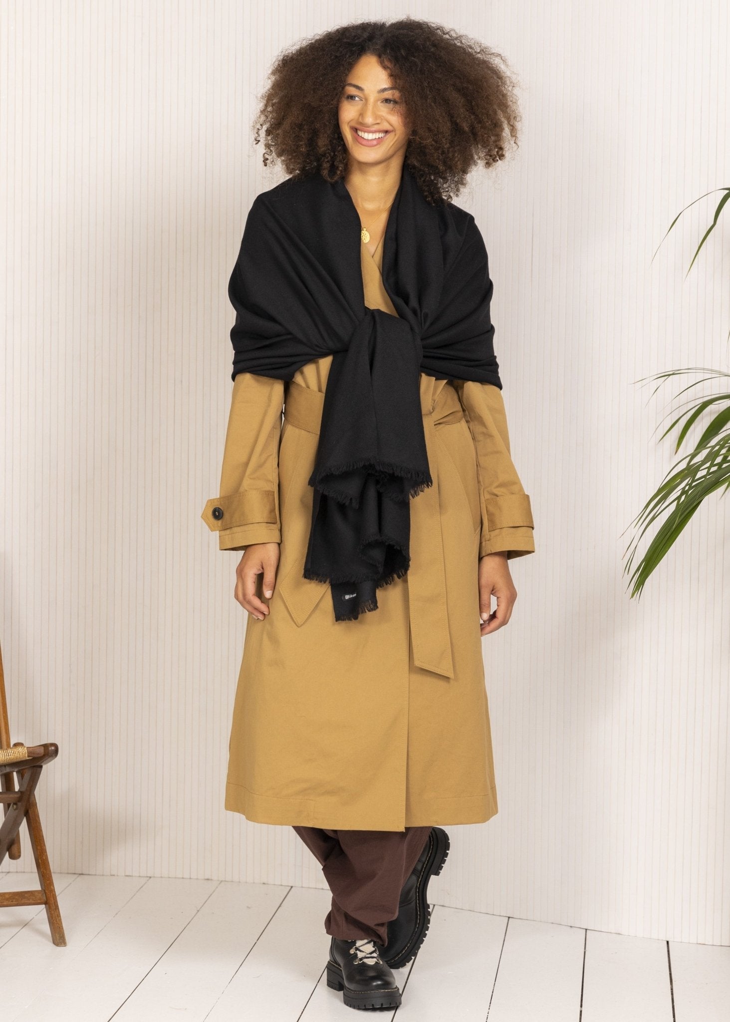 Ethically Handwoven Multi - Use Merino Wool Blanket Scarf in Black - likemary