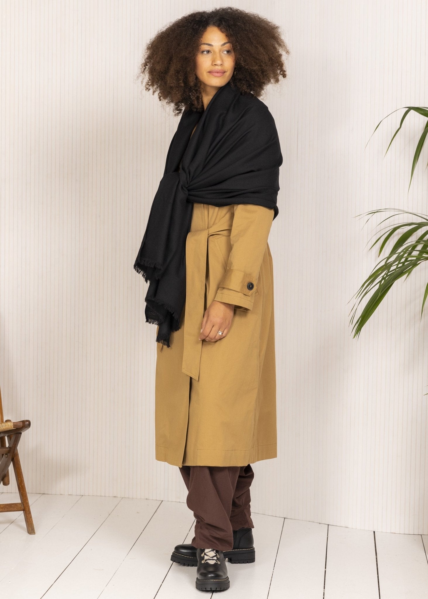 Ethically Handwoven Multi - Use Merino Wool Blanket Scarf in Black - likemary