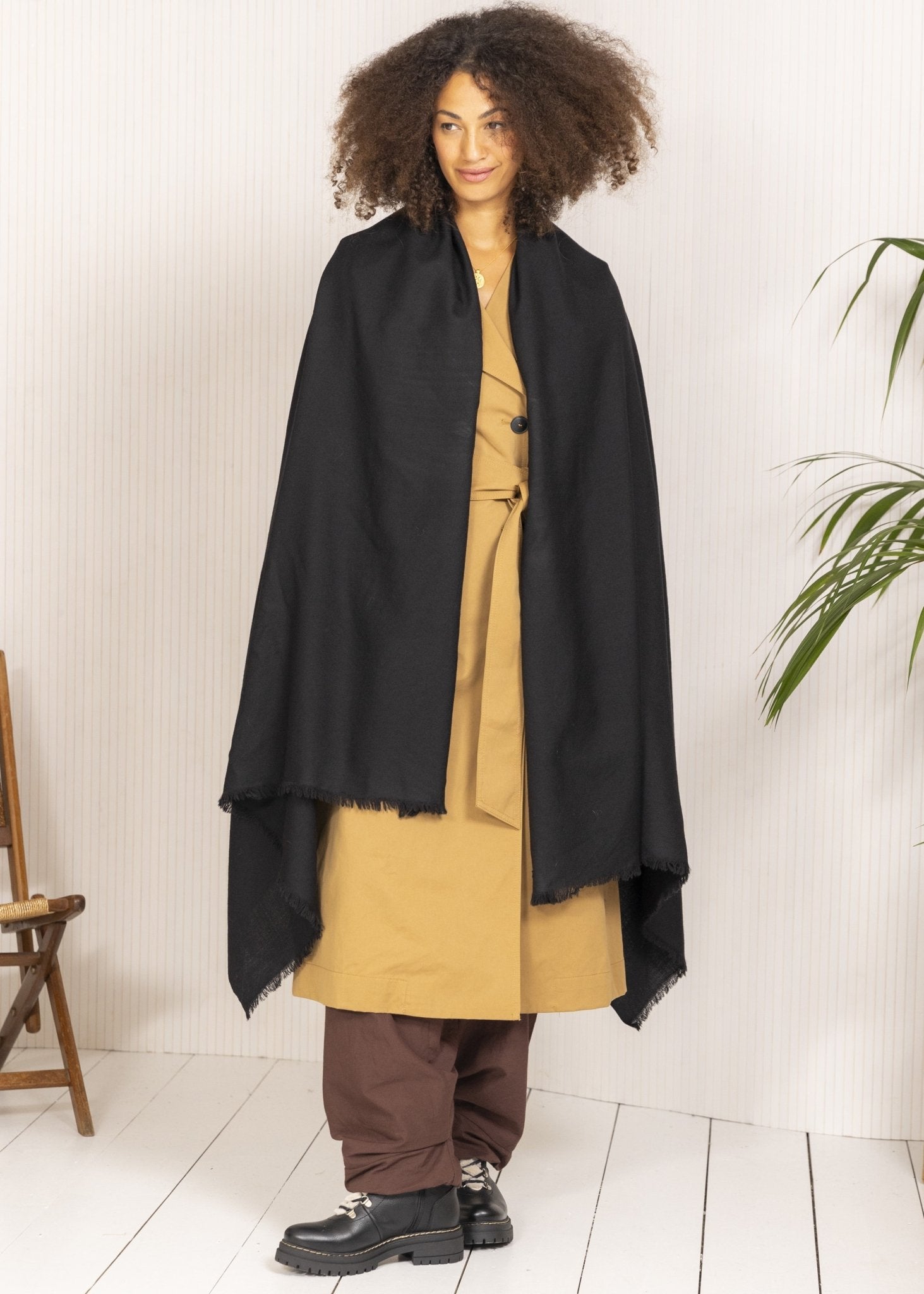 Ethically Handwoven Multi - Use Merino Wool Blanket Scarf in Black - likemary