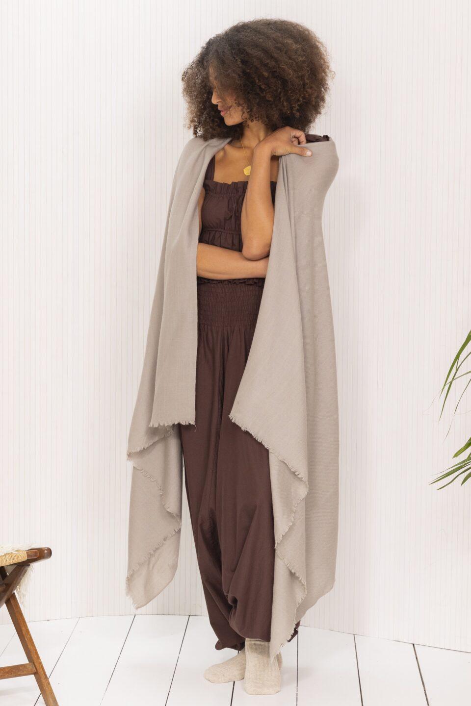 Ethically Handwoven Multi - Use Merino Wool Shawl Scarf in Mushroom Beige - likemary