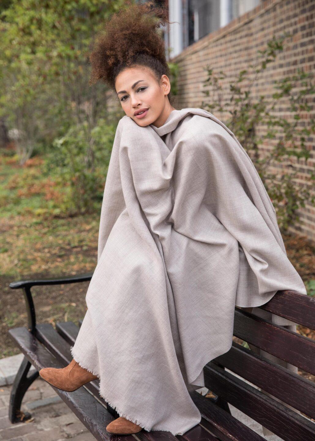 Ethically Handwoven Multi - Use Merino Wool Shawl Scarf in Mushroom Beige - likemary