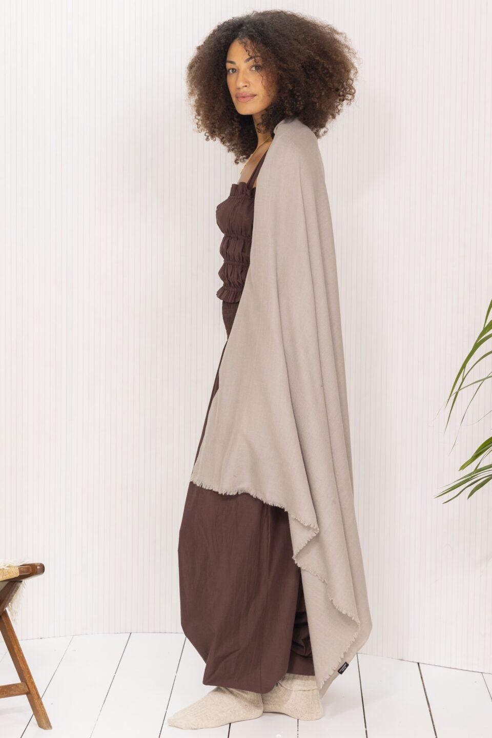 Ethically Handwoven Multi - Use Merino Wool Shawl Scarf in Mushroom Beige - likemary