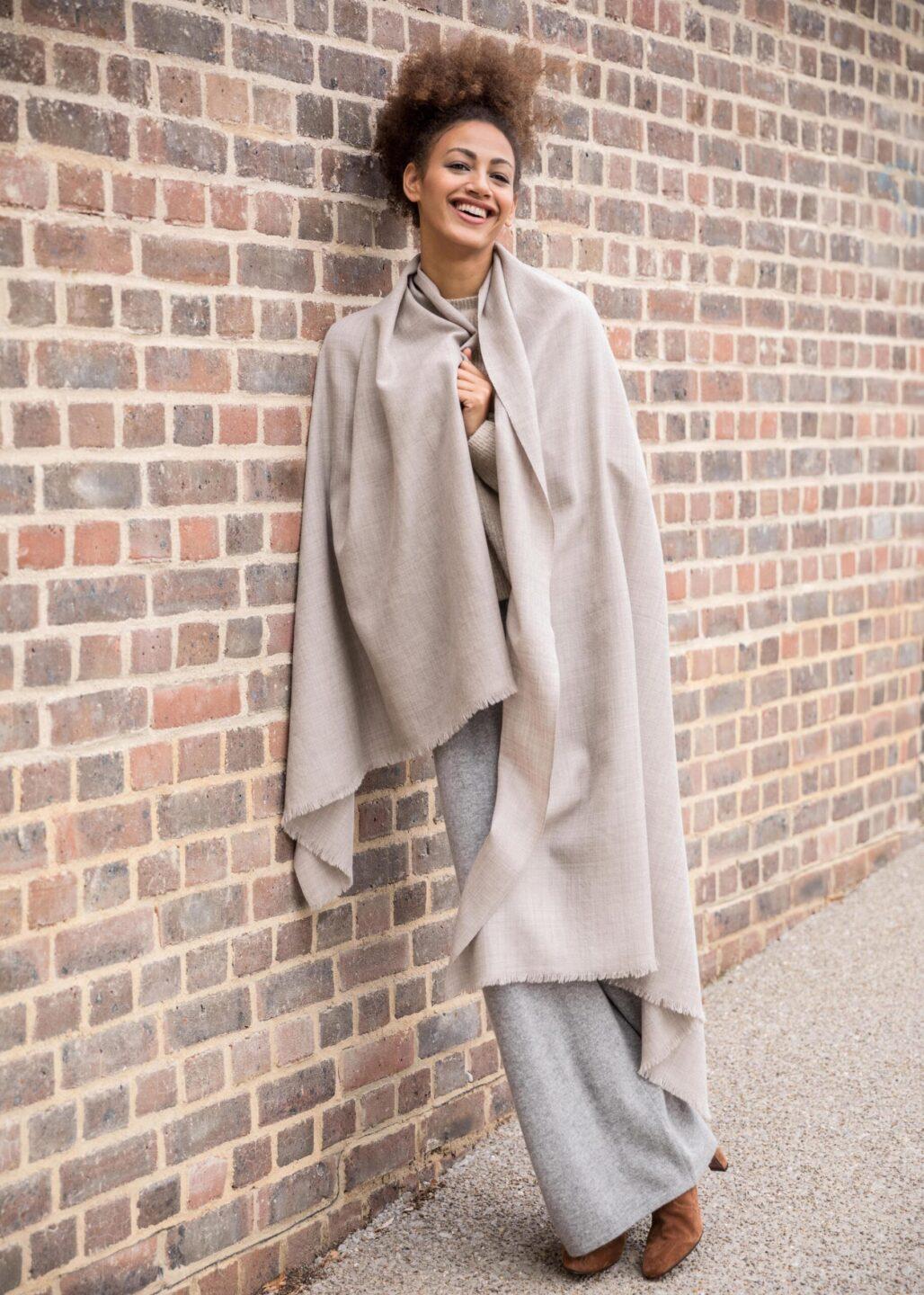 Ethically Handwoven Multi - Use Merino Wool Shawl Scarf in Mushroom Beige - likemary