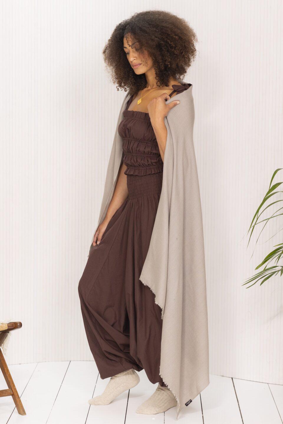 Ethically Handwoven Multi - Use Merino Wool Shawl Scarf in Mushroom Beige - likemary
