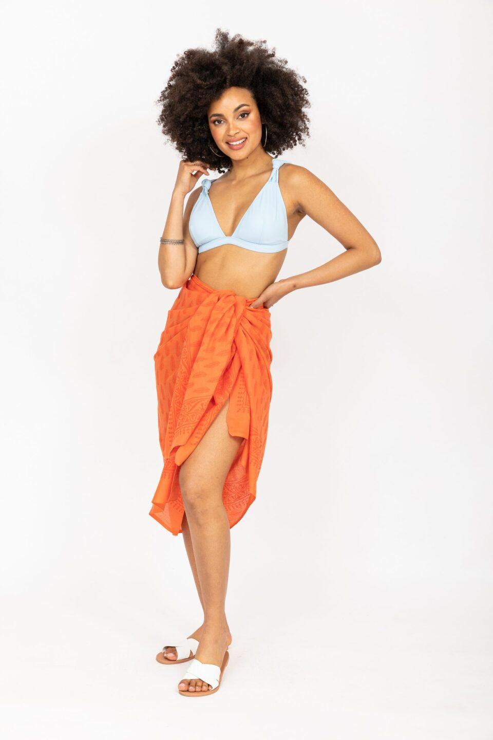 Feathers Block Print Orange Cotton Sarong - likemary