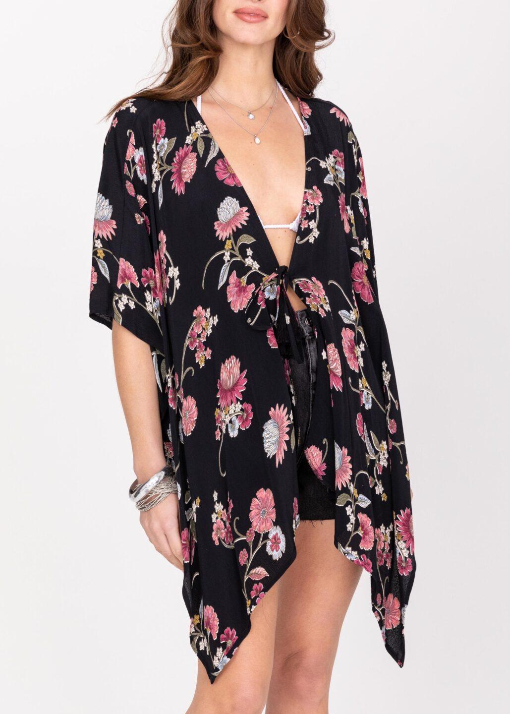 Floaty Kimono Cover Up in Black Floral - likemary