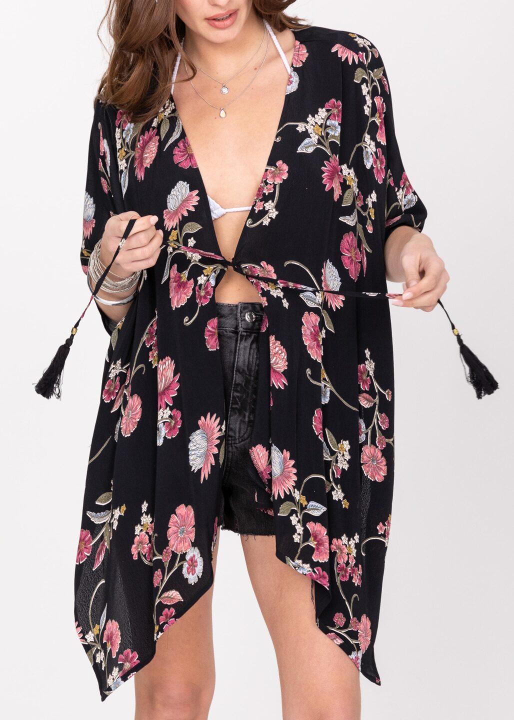 Floaty Kimono Cover Up in Black Floral - likemary