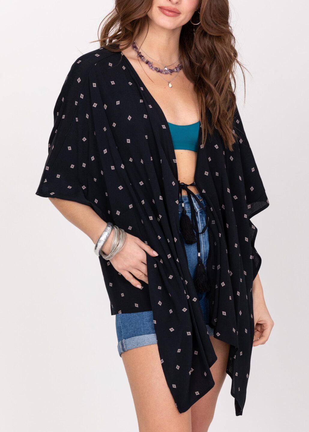 Floaty Kimono Cover Up in Diamond Print Black - likemary