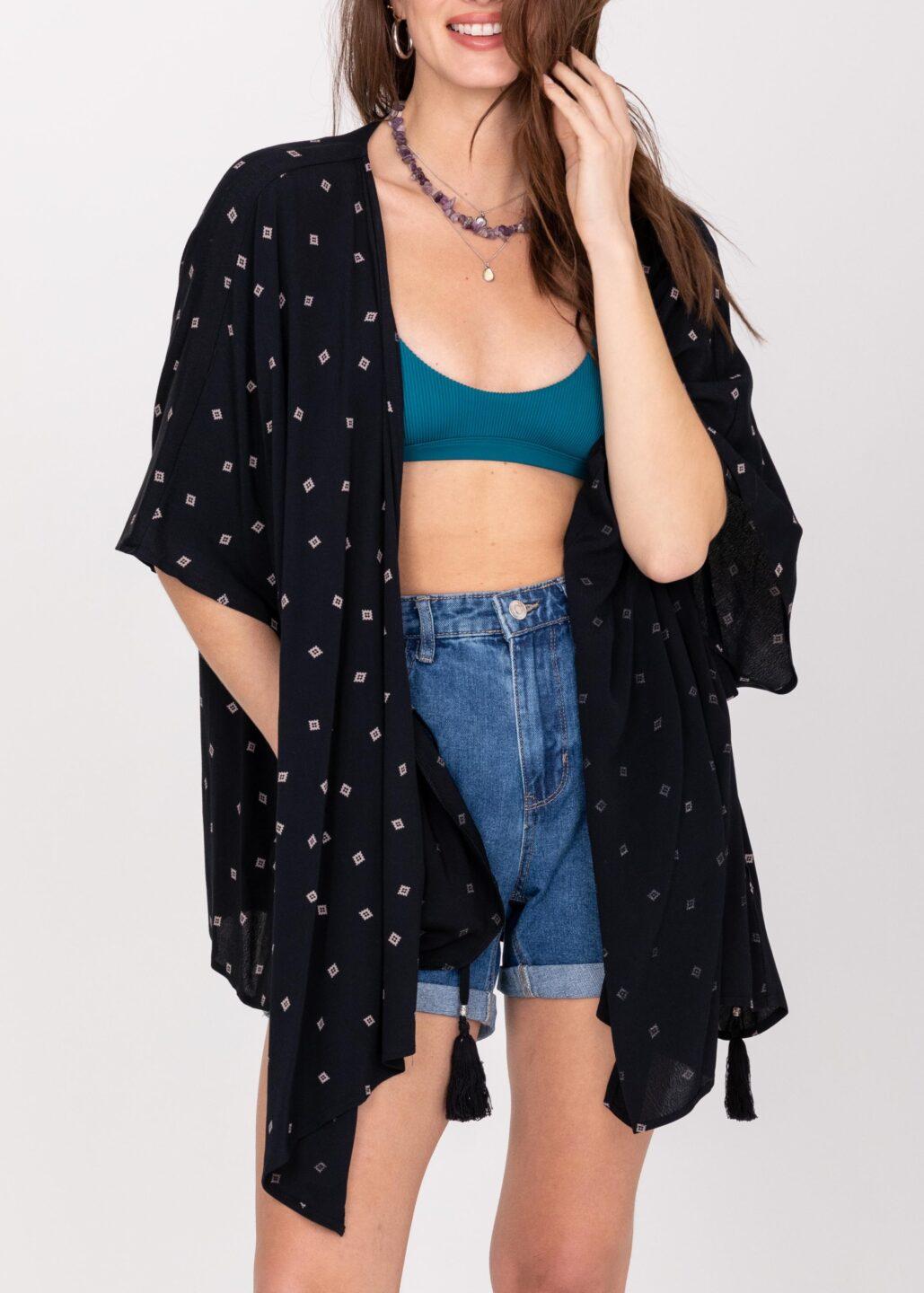 Floaty Kimono Cover Up in Diamond Print Black - likemary