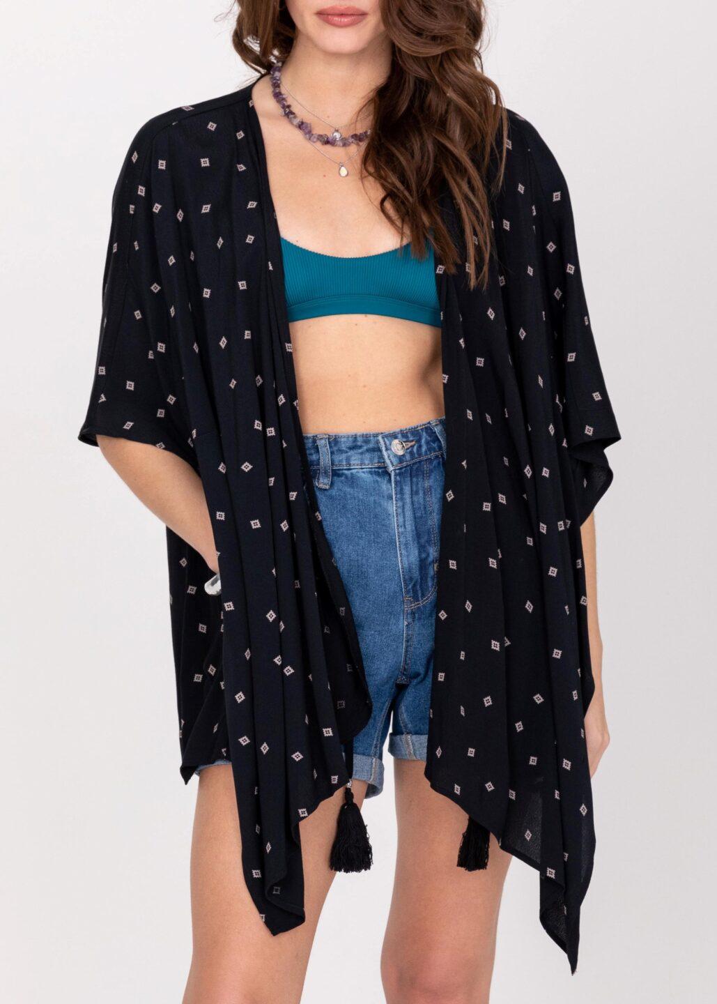 Floaty Kimono Cover Up in Diamond Print Black - likemary