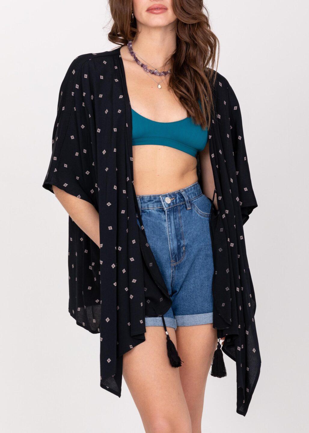 Floaty Kimono Cover Up in Diamond Print Black - likemary