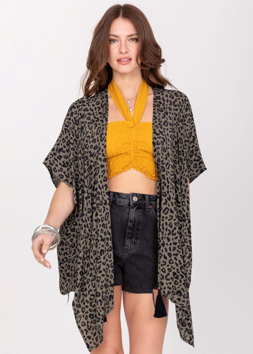 Floaty Kimono Cover Up in Green Leopard Print - likemary