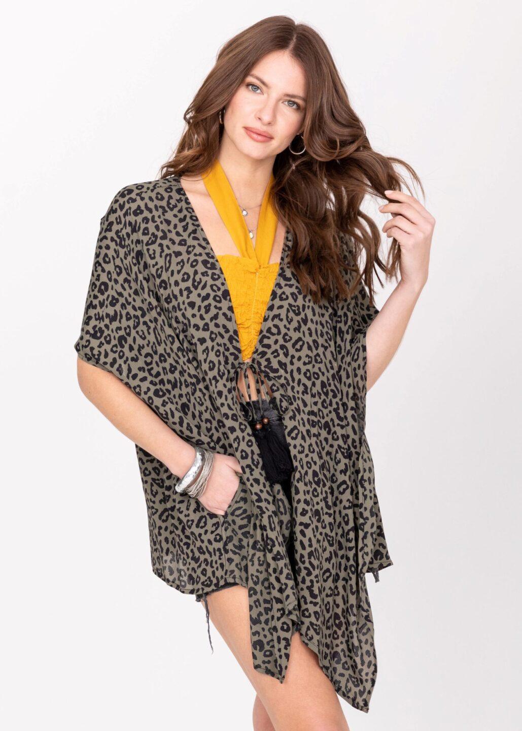 Floaty Kimono Cover Up in Green Leopard Print - likemary