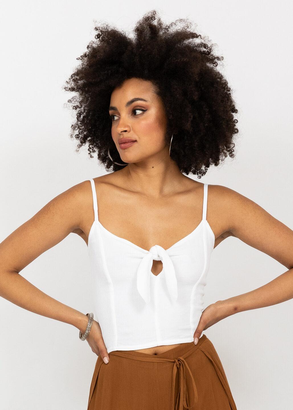 Front Tie Crop Cami Top in White - likemary