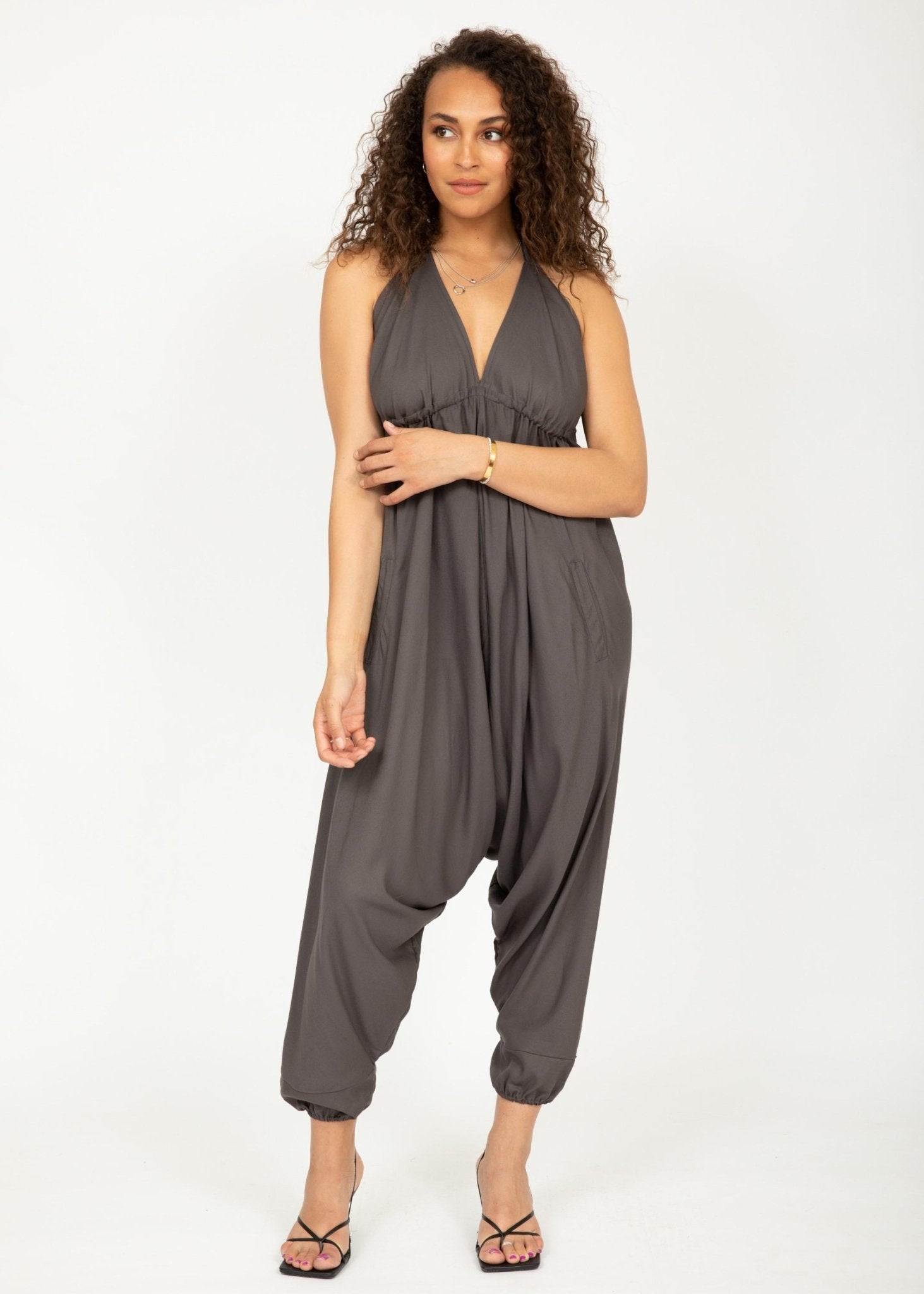 Halter Harem Jumpsuit Charcoal Grey - likemary
