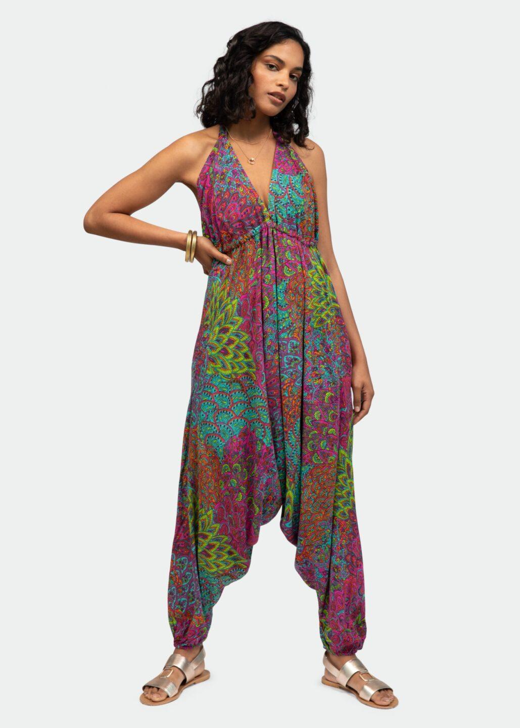 Halter Harem Jumpsuit Peacock Print Aqua Pink - likemary