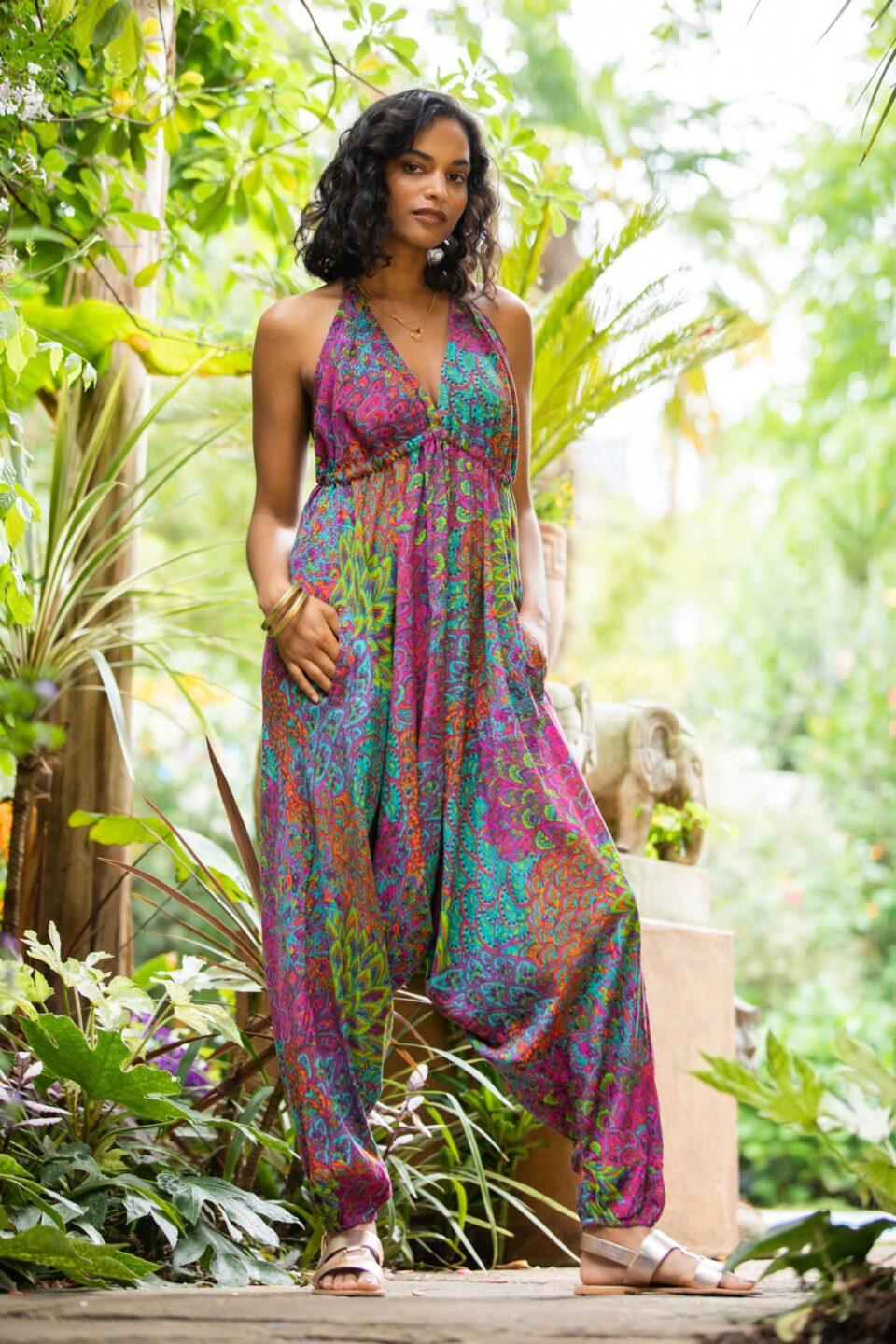 Halter Harem Jumpsuit Peacock Print Aqua Pink - likemary