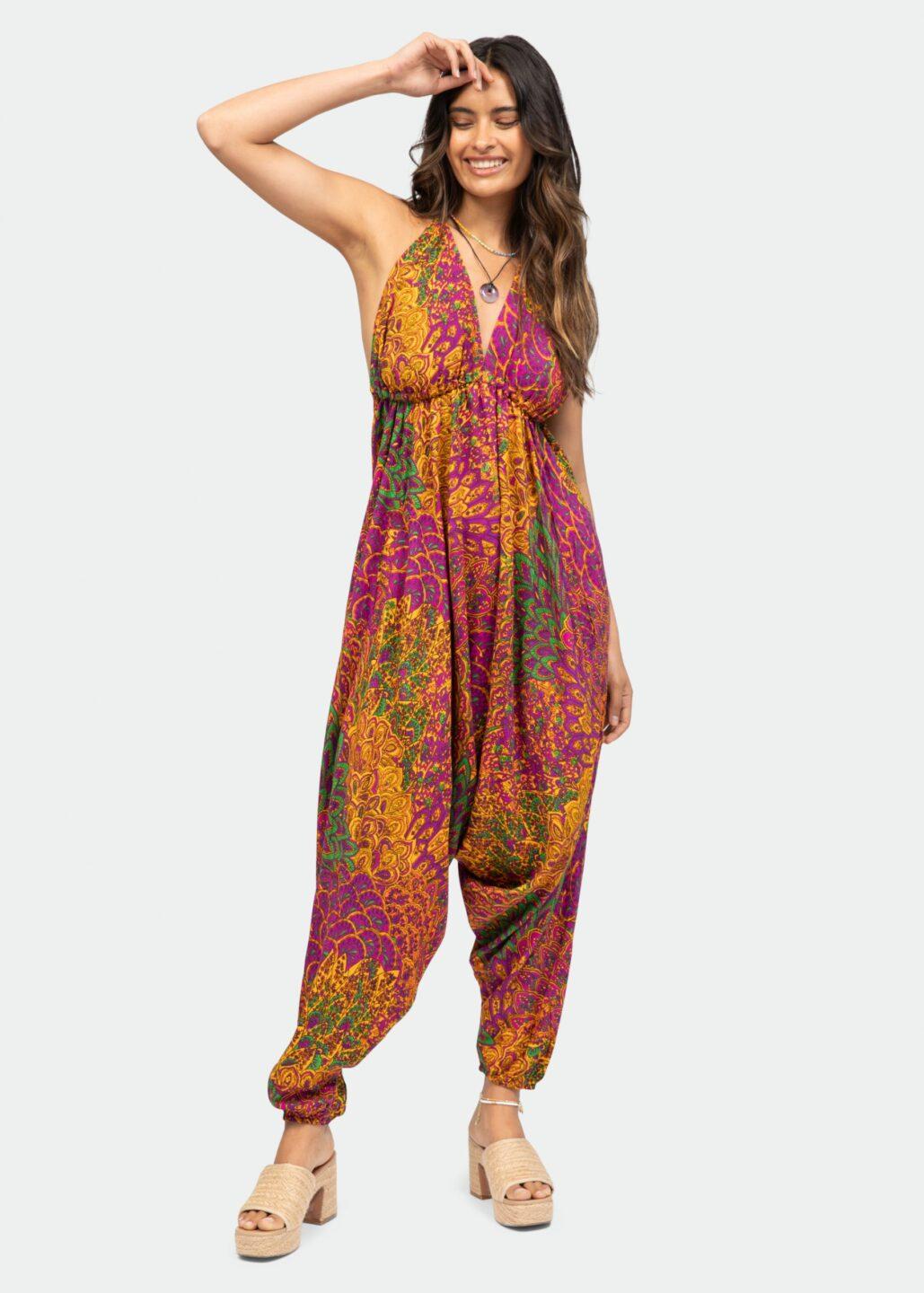 Halter Harem Jumpsuit Peacock Print Fuchsia - likemary