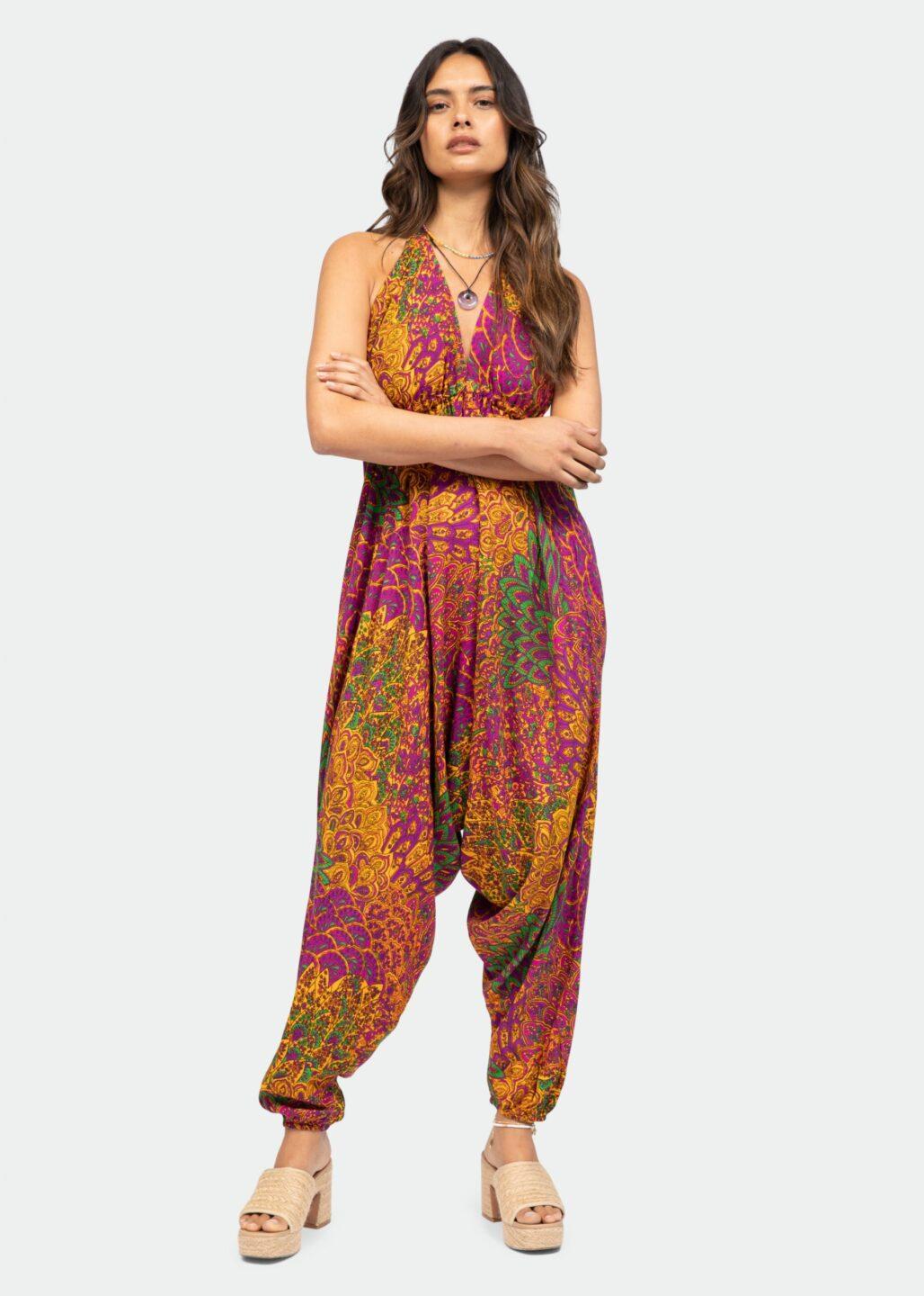 Halter Harem Jumpsuit Peacock Print Fuchsia - likemary