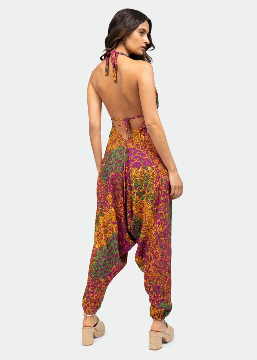 Halter Harem Jumpsuit Peacock Print Fuchsia - likemary