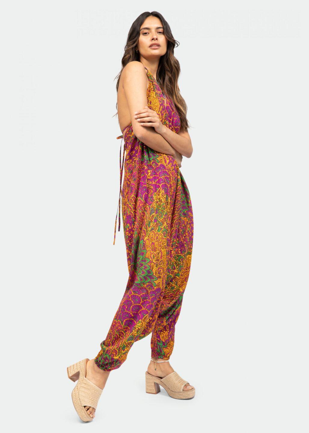 Halter Harem Jumpsuit Peacock Print Fuchsia - likemary