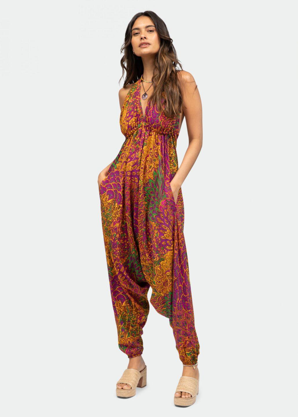 Halter Harem Jumpsuit Peacock Print Fuchsia - likemary