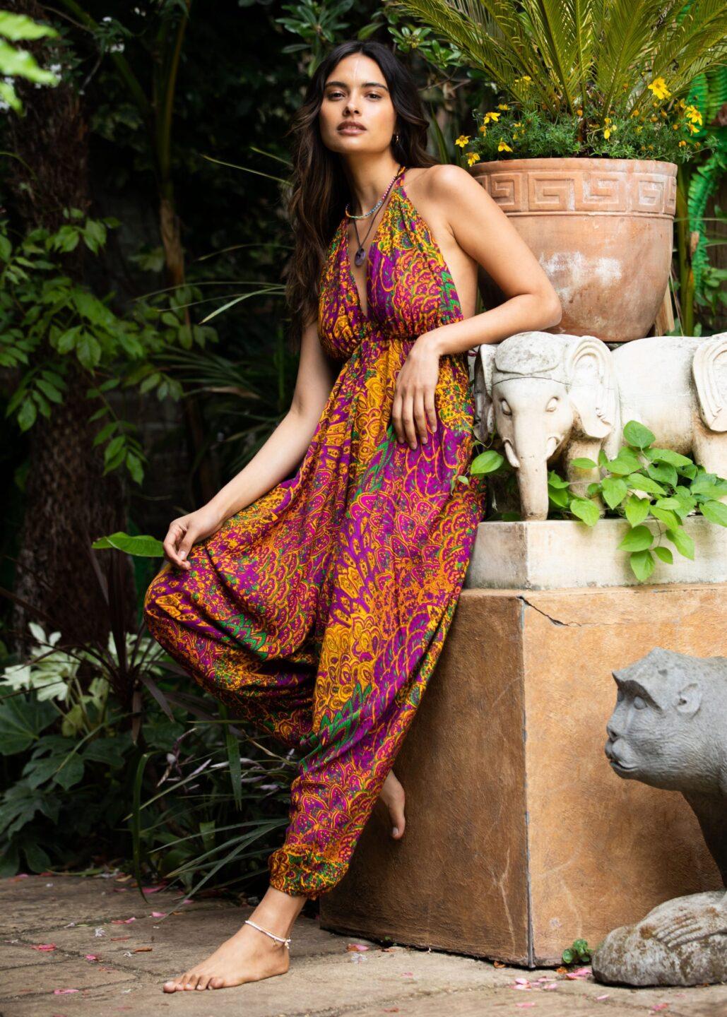 Halter Harem Jumpsuit Peacock Print Fuchsia - likemary