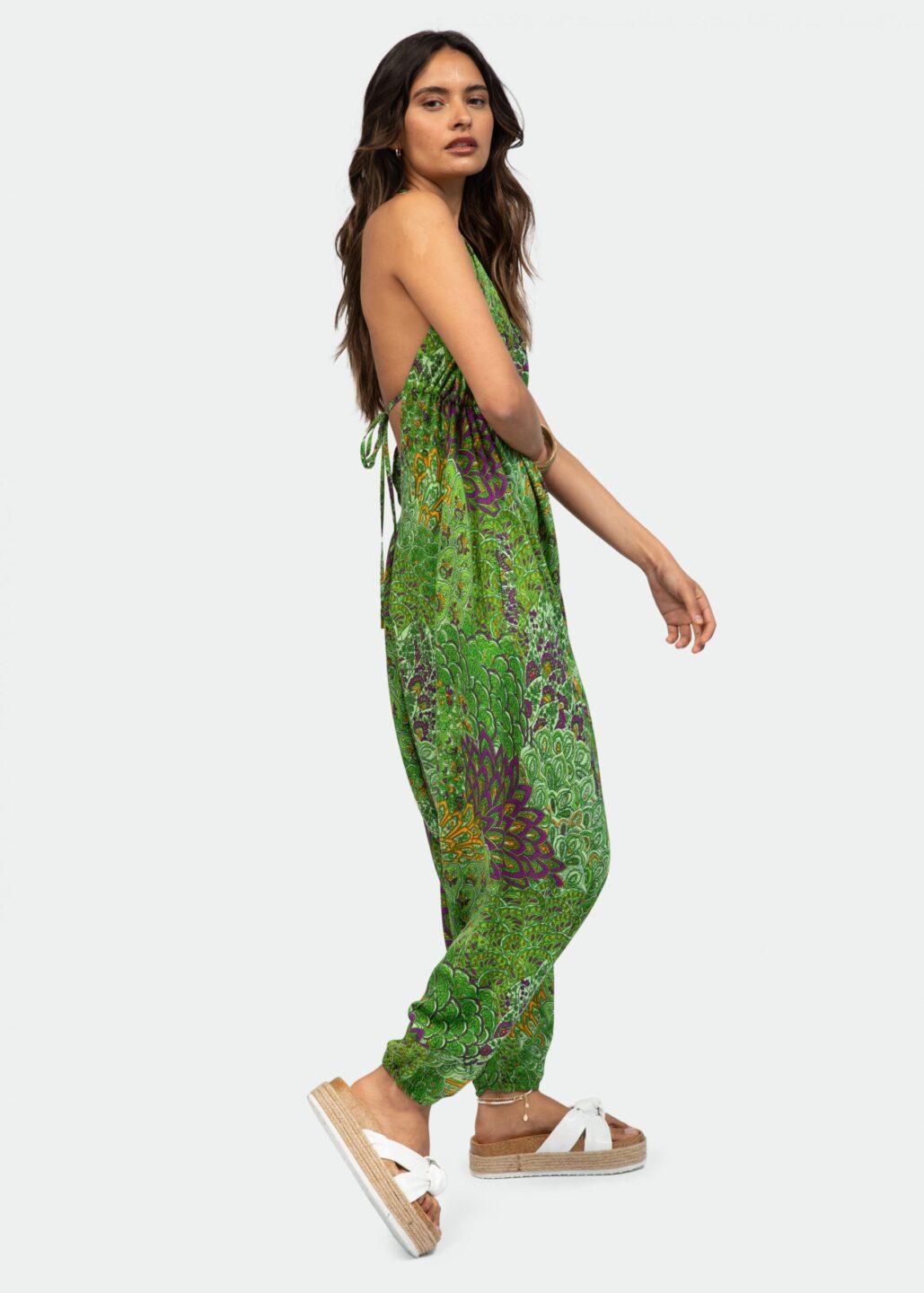 Halter Harem Jumpsuit Peacock Print Green - likemary