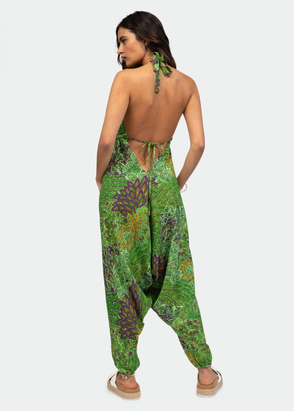 Halter Harem Jumpsuit Peacock Print Green - likemary