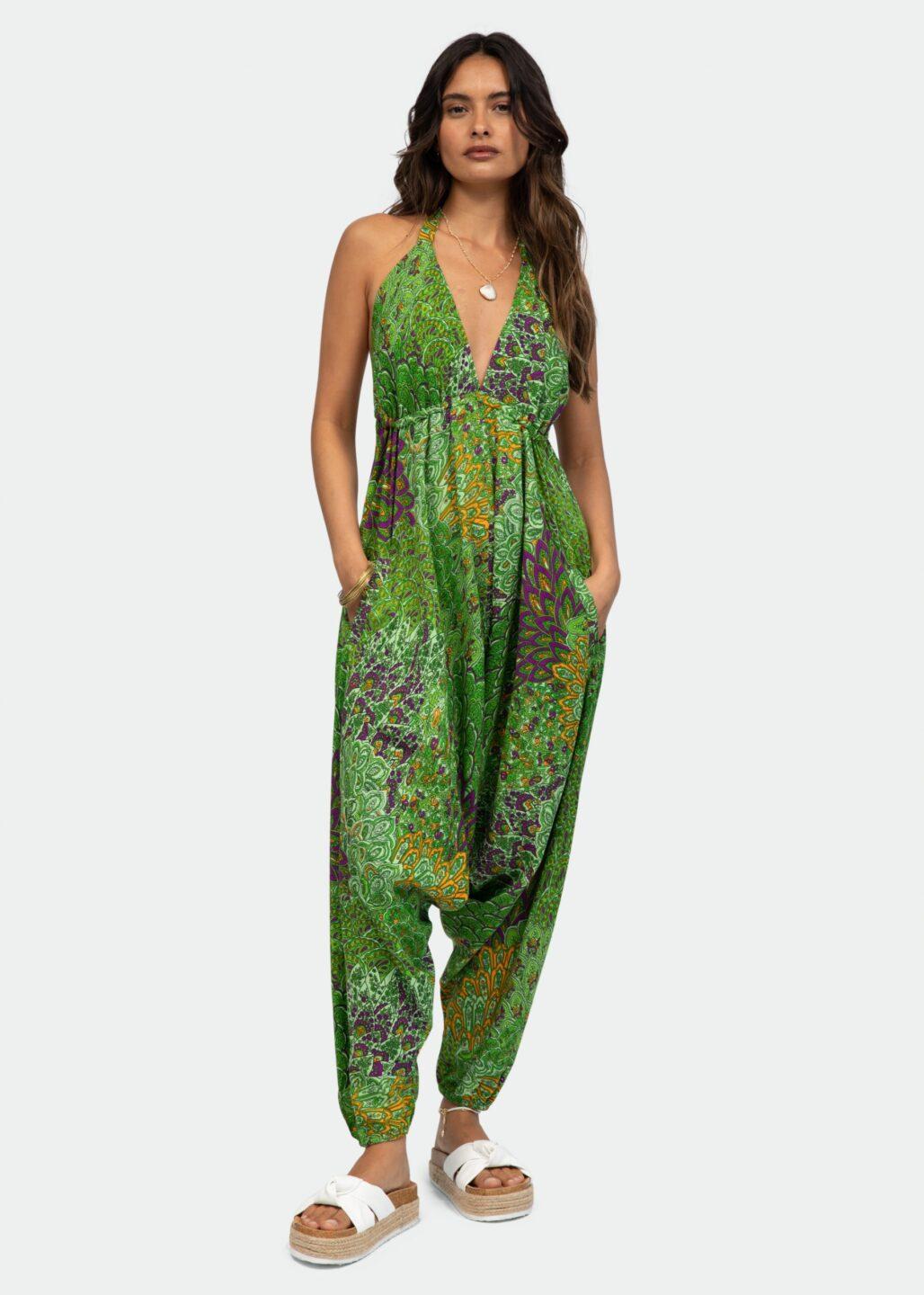 Halter Harem Jumpsuit Peacock Print Green - likemary