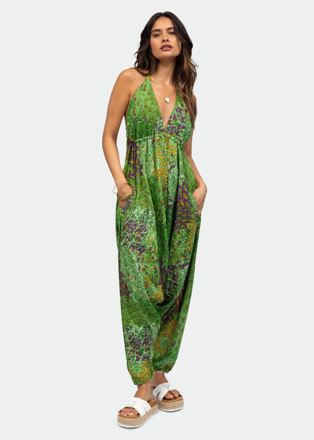 Halter Harem Jumpsuit Peacock Print Green - likemary