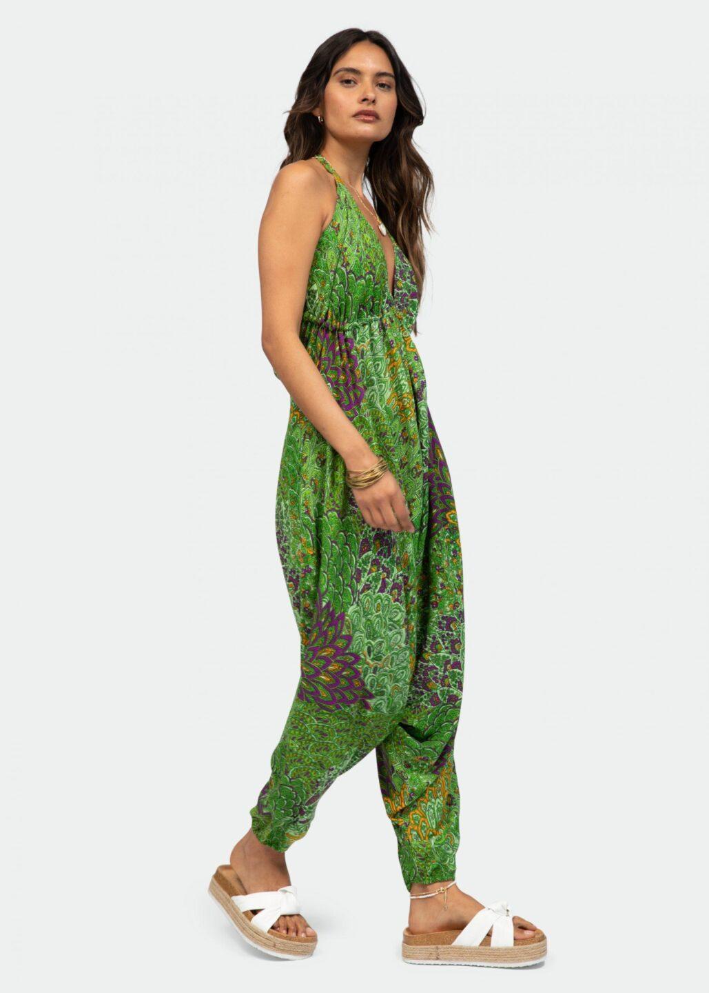 Halter Harem Jumpsuit Peacock Print Green - likemary