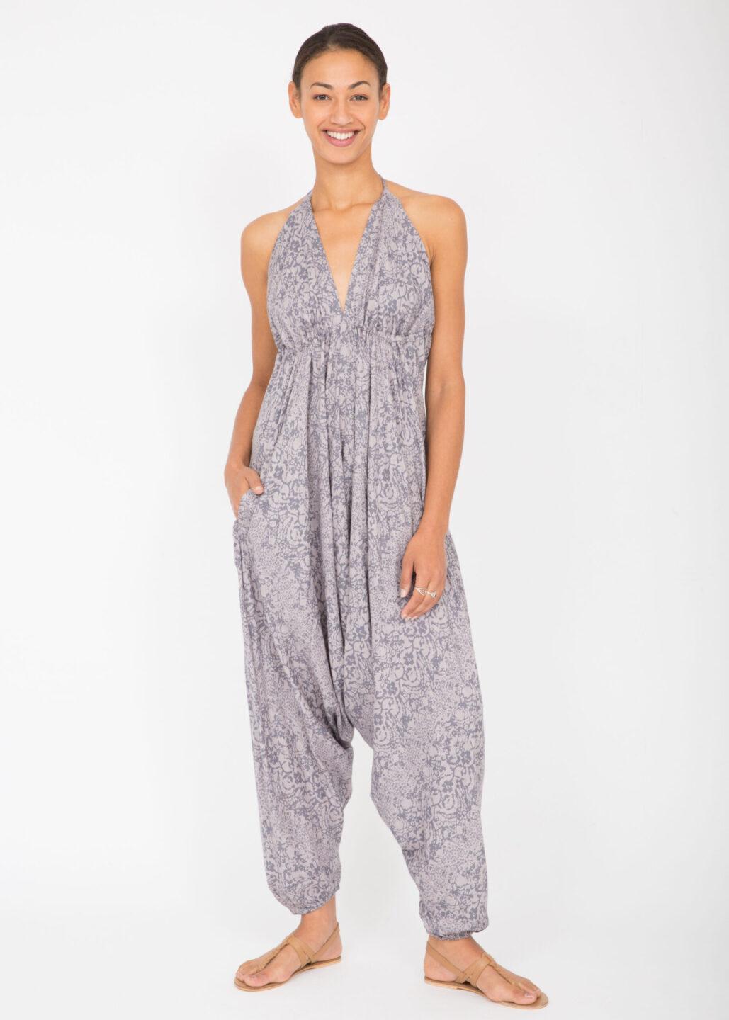 Halter Harem Printed Jumpsuit Grey Abstract - likemary