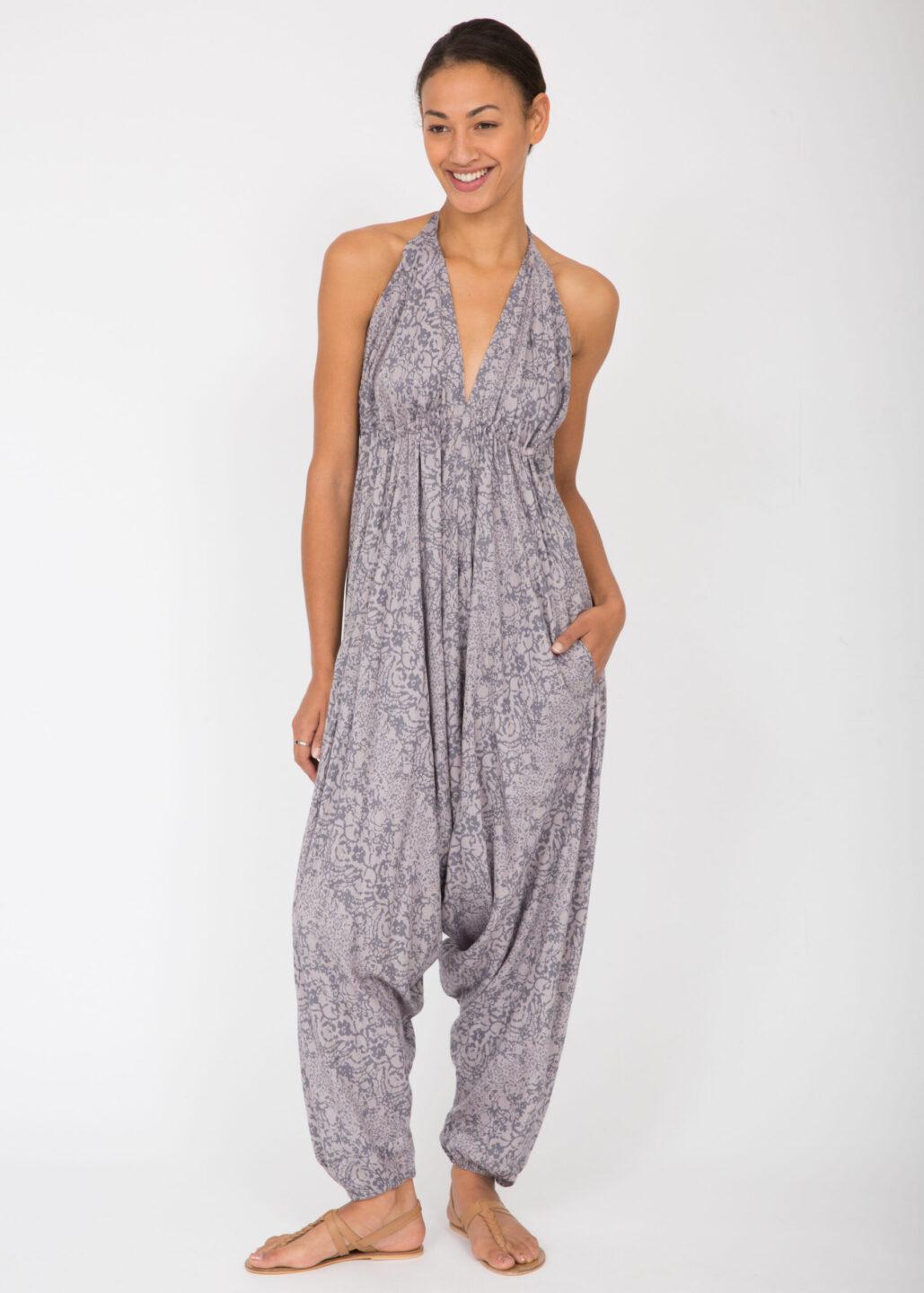 Halter Harem Printed Jumpsuit Grey Abstract - likemary