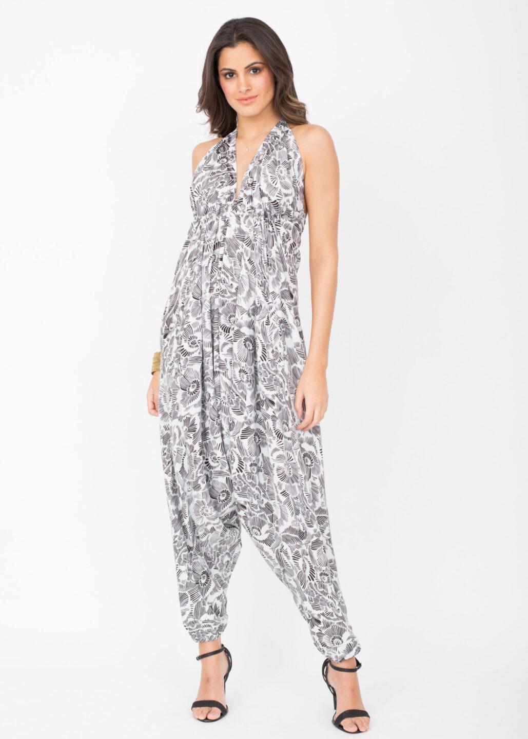 Halter Harem Printed Jumpsuit White Florals - likemary