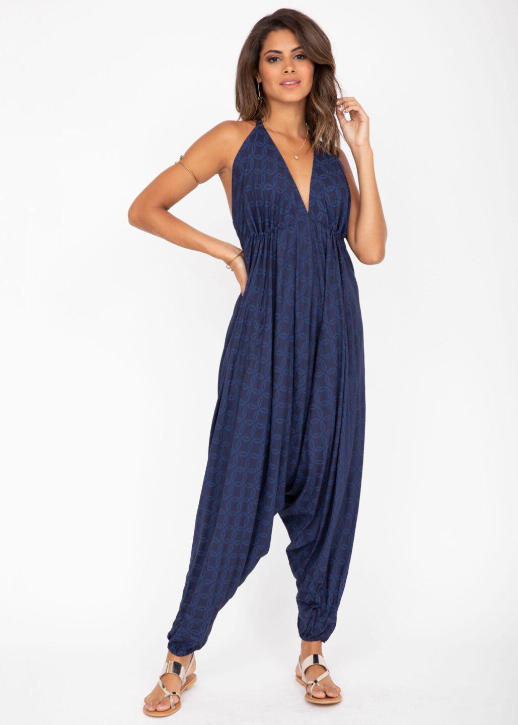 Halter Harem Romper Jumpsuit Blue Discs Print - likemary