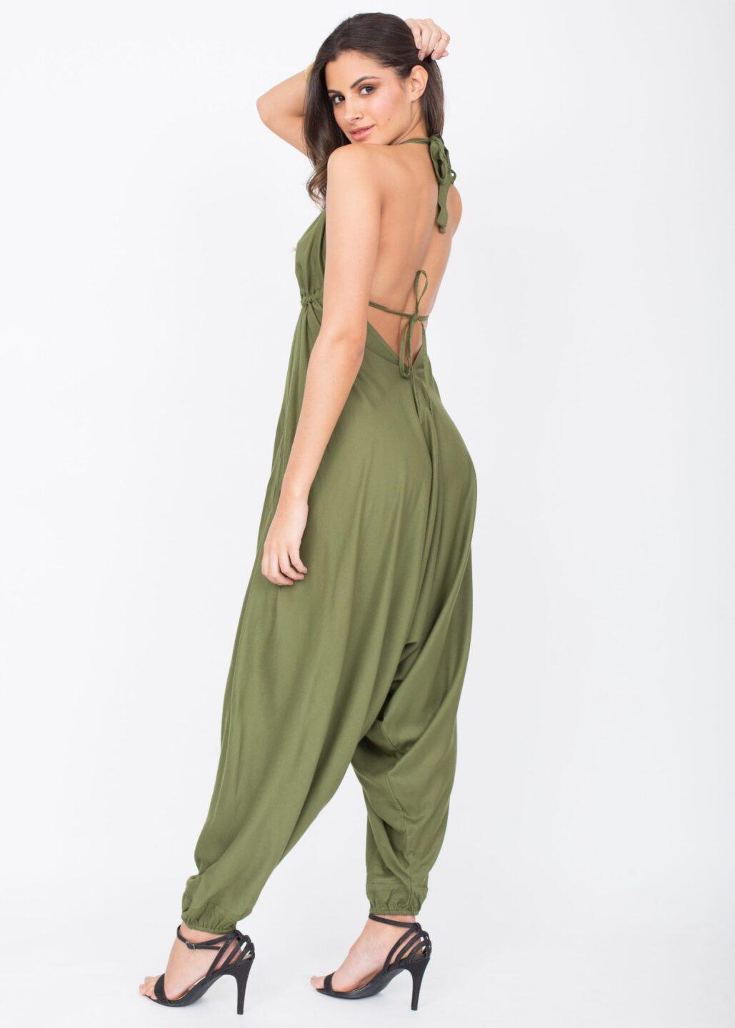 Halter Harem Romper Jumpsuit Olive Green - likemary
