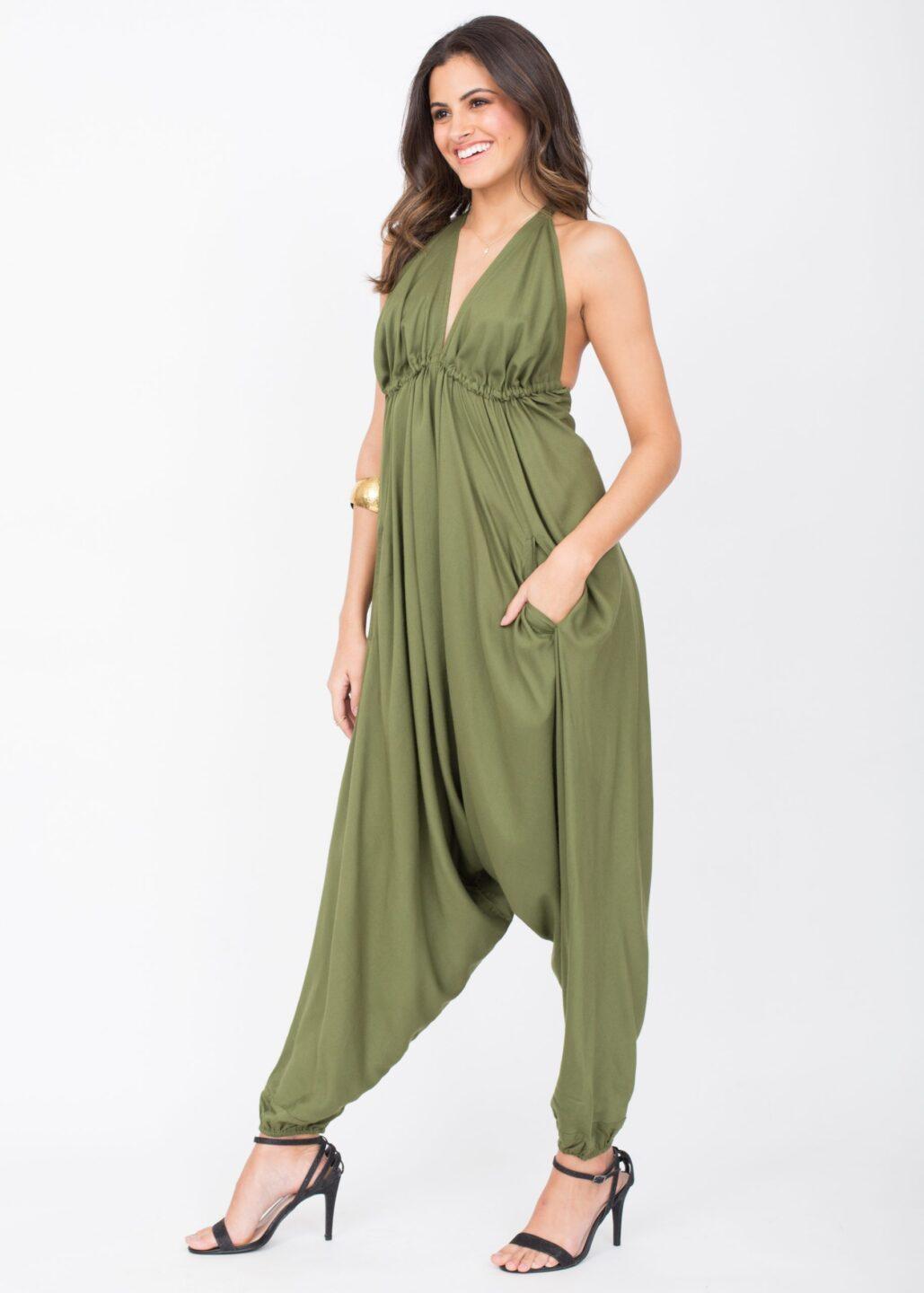 Halter Harem Romper Jumpsuit Olive Green - likemary