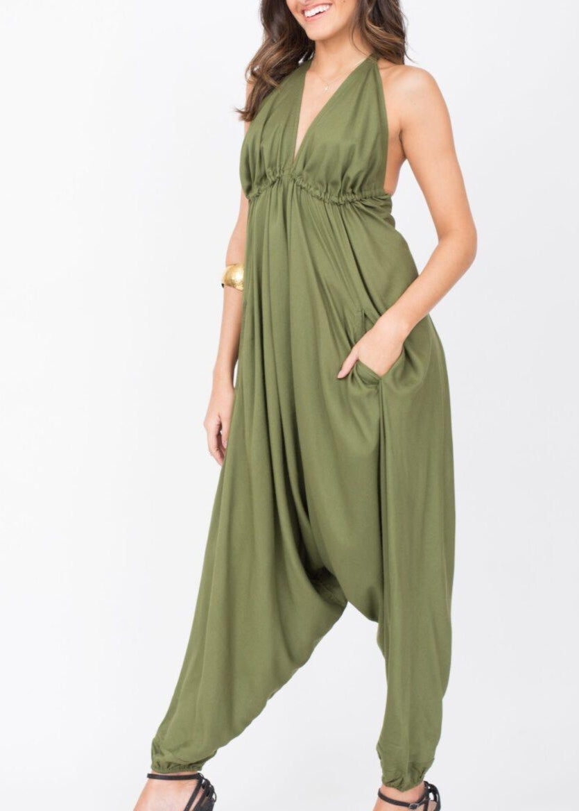 Halter Harem Romper Jumpsuit Olive Green - likemary